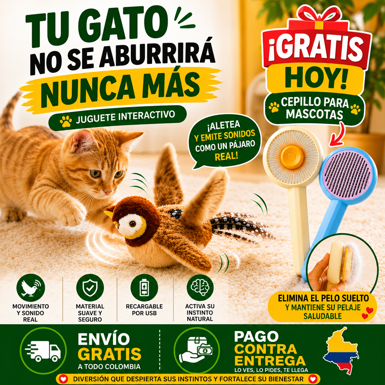 Pájaro Volador Para Gatos + Gratis Cepillo Para Mascotas
